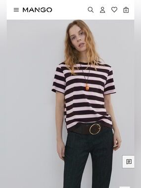 Mango Short Sleeve Striped T-Shirt - Chocolate Brown & Light Blue